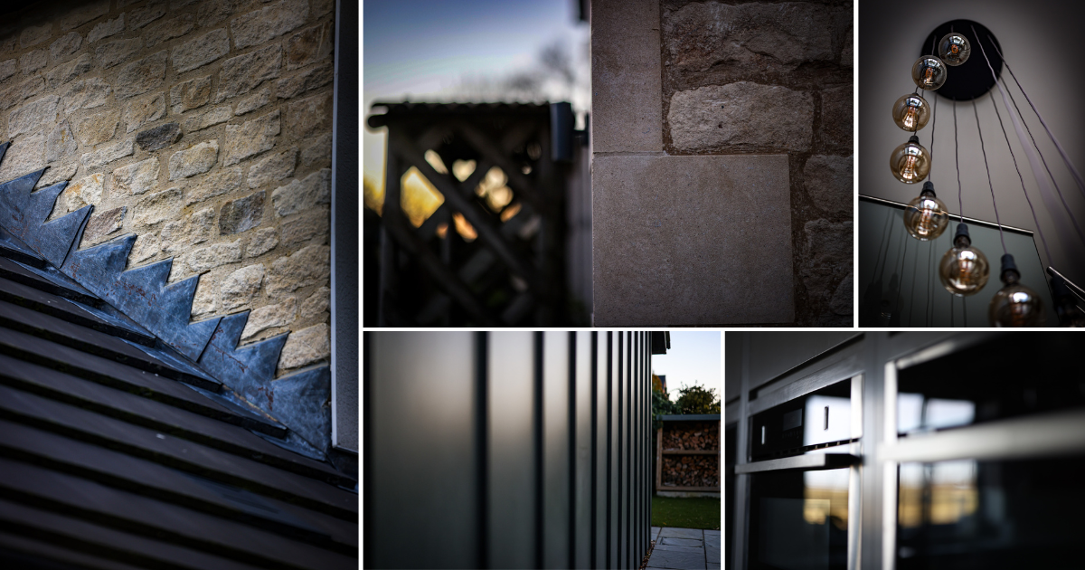 Images of fine details on a JPT Builders' project. Includes lighting, cladding, natural stone, roof tiling.
